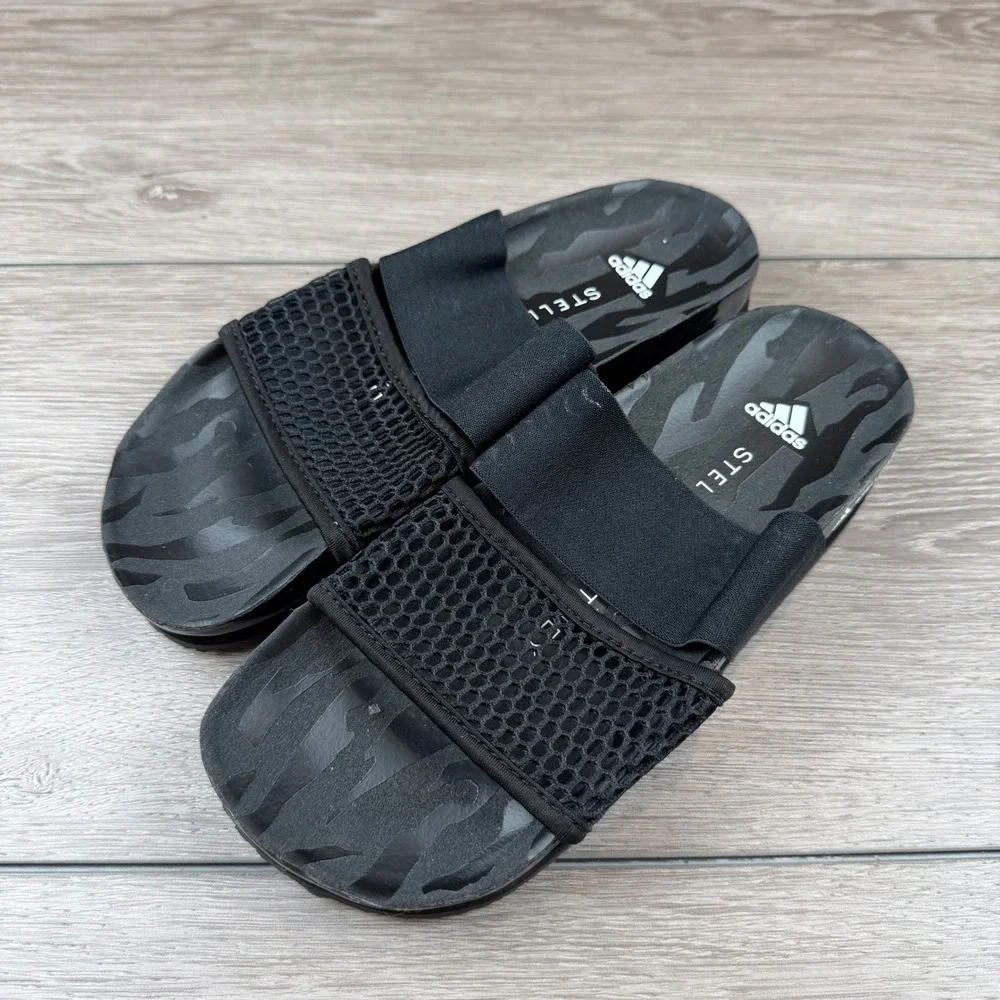 Adidas Stella McCartney Women Slide Sandals Mesh Elastic Strap Black FY1164 Sz 7